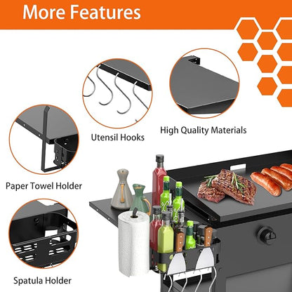 Foldable Griddle Side Shelf and Caddy for Blackstone 28" Griddle, Grill Accessories Space Saving for Blackstone with Paper Towel Holder, 4 Hooks and Storage Box Grill Parts