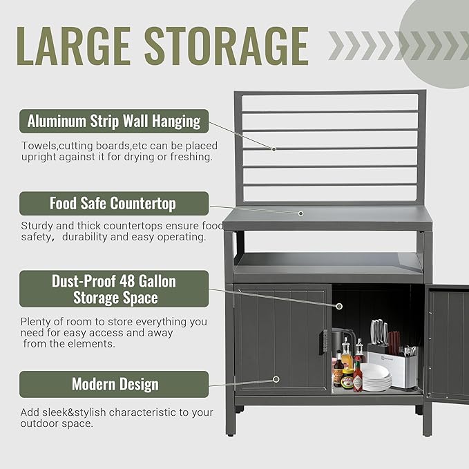 Domi Outdoor Kitchen Series, Modular Kitchen Island Counter with Whole Aluminum Finish & Shelf & Wall Hanging & Countertop & Storage Box & Cover, BBQ Grill Table for Deck Patio, Dark Gray