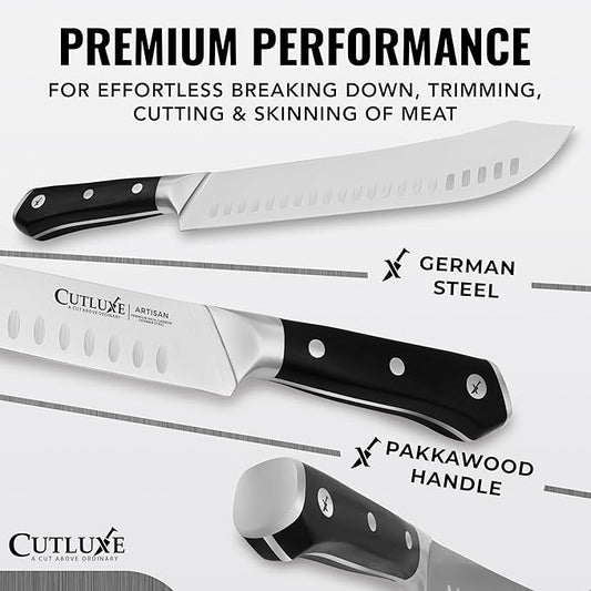 Cutluxe Butcher Knife Set – Cimeter Breaking & Bullnose Carving Knives for Meat Cutting – Professional Knife Set, Razor Sharp German Steel,Full Tang, Ergonomic, Butcher Knives for BBQ – Artisan Series