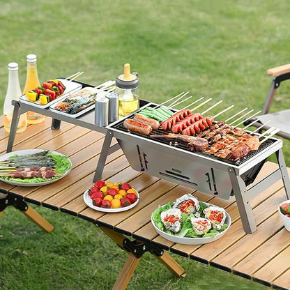 Barbecue Grill Charcoal Grill BBQ Grill Camping Charcoal Grill Folding BBQ Grills Stainless Steel Charcoal Barbecue Cooker for Outdoor Camping, Patio, Backyard