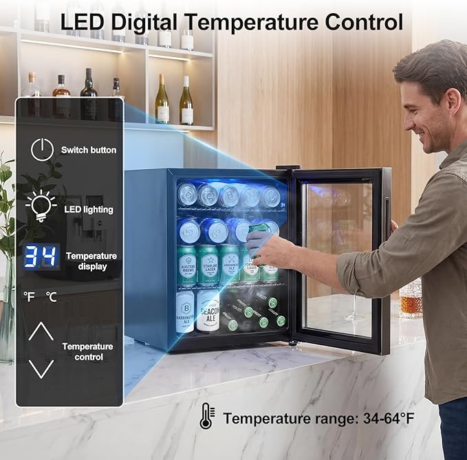 Mini Fridge Cooler - Small Beverage Refrigerator Stainless Steel Glass Door for Soda Beer Wine–Countertop Drink Cooler for Home, Dorm, Office or Bar, Electronic Temperature Control，1.4cu.ft.
