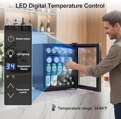 Mini Fridge Cooler - Small Beverage Refrigerator Stainless Steel Glass Door for Soda Beer Wine–Countertop Drink Cooler for Home, Dorm, Office or Bar, Electronic Temperature Control，1.4cu.ft.