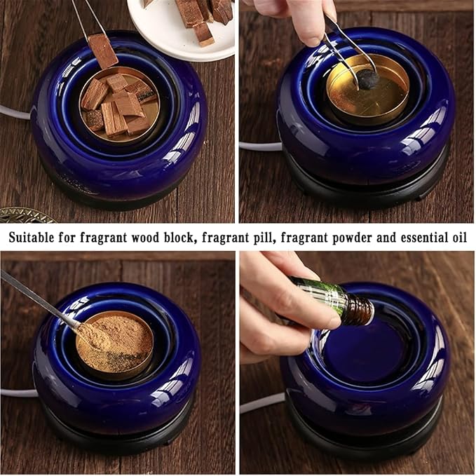 Electric Resin Burner with Timer, Ceramic Electric Incense Burner, Burner Censer 110V for Home Porch, Patio, Garden, Office, Yoga, Living Room, Meditation Room （Blue）