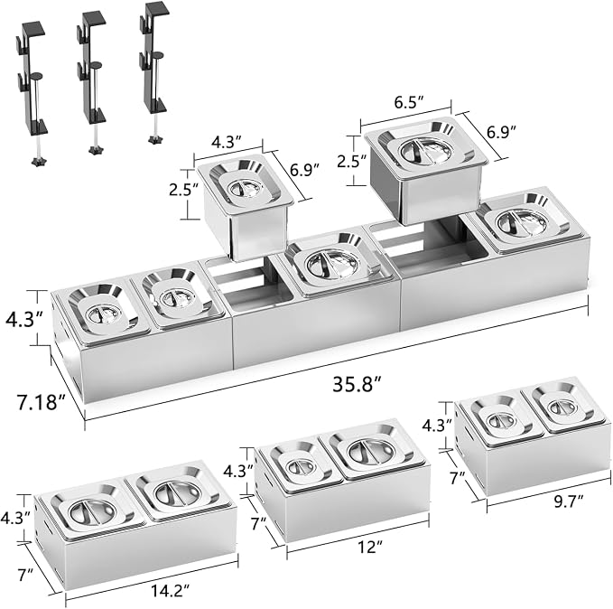 Uniflasy Pizza Topping Station, 6 Stainless Pans with Lids for Pizza Oven | Clamps to Weber/Nexgrill/Blackstone carts or counters up to 3.2 in; keeps cheese, veggies, meats, herbs organized for parties