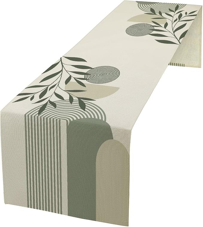 Boho Leaves Table Runner Sage Green Mid Century Modern Abstract Arch Geometric Minimalisted Spring Seasonal Dinner Runner for Farmhouse Kitchen Dining Home Holiday Party 13x60in
