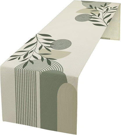Boho Leaves Table Runner Sage Green Mid Century Modern Abstract Arch Geometric Minimalisted Spring Seasonal Dinner Runner for Farmhouse Kitchen Dining Home Holiday Party 13x60in