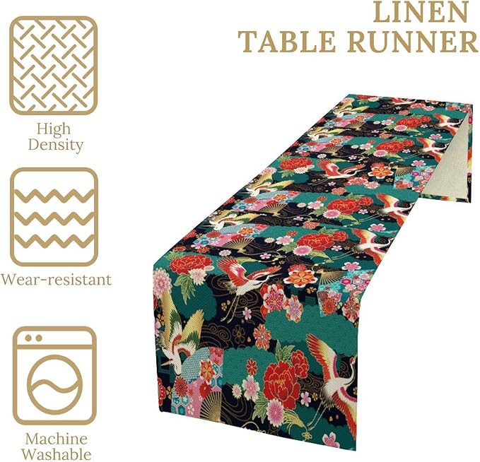 Japanese Crane Table Runner Oriental Vintage Asian Chinese Traditional Florals Dinner Runner for Farmhouse Kitchen Dinner Table Party Decoration 13x90in