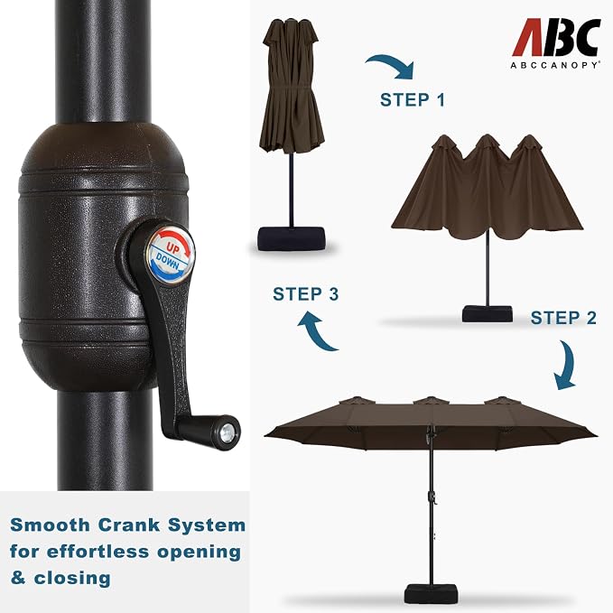 ABCCANOPY 15FT Double-Sided Rectangle Patio Umbrella with Base, Brown | Rectangular Outdoor Table Umbrella with Crank, Heavy Duty Market Umbrella Shade for Garden,Poolside, Lawn, Backyard