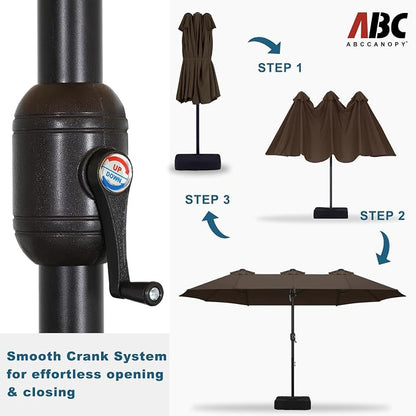 ABCCANOPY 15FT Double-Sided Rectangle Patio Umbrella with Base, Brown | Rectangular Outdoor Table Umbrella with Crank, Heavy Duty Market Umbrella Shade for Garden,Poolside, Lawn, Backyard