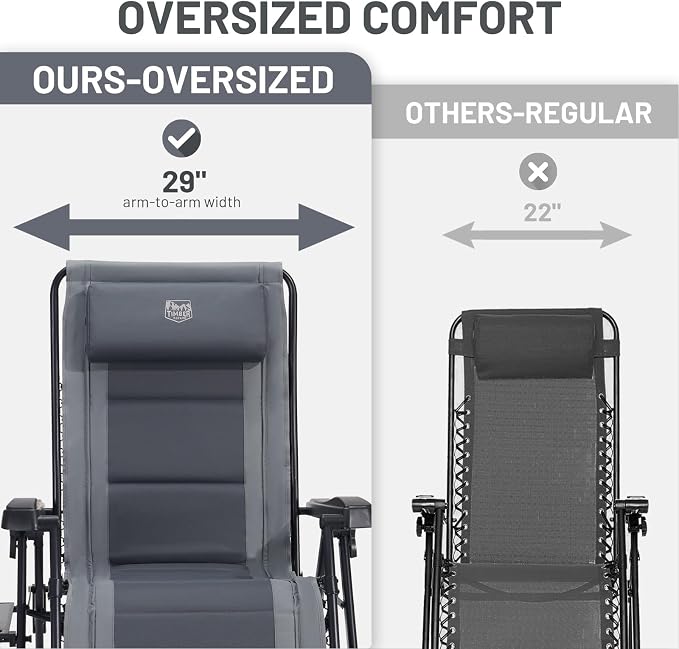 Timber Ridge Zero Gravity Chair, Oversized Lawn Chairs Outdoor Recliner Reclining Patio Lounge Chair with Adjustable Headrest and Side Table for Camping, Outdoor, Patio, Support 350lbs, Grey