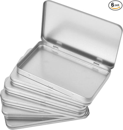 6 Pcs Metal Rectangular Tin Metal Hinged Lid, 6.88 x 4.13 x 0.55 Inch Mini Portable Small Storage Container Tin Box, Metal Box with Hinged Lid for Home or Outdoor Active Storage (Silver)