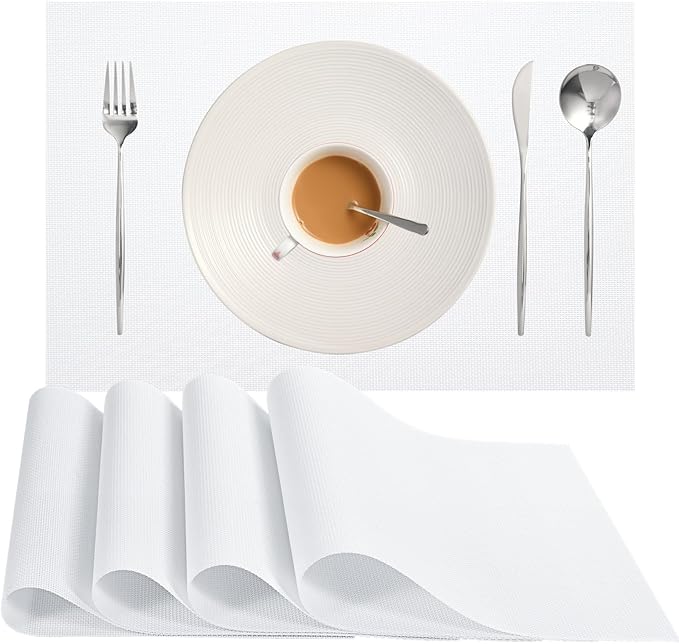 Zupro Placemats Set of 4 Washable Heat-Resistant Non Slip Braided Table Mats Woven PVC Vinyl Kitchen Dining Patio Table Place Mats for Dinner Parties BBQs Indoor and Ourdoor Use.18"x12"(White)