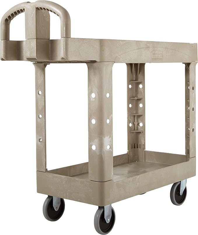 BRUTE Heavy Duty 2-Shelf Utility/Service Cart, Small, Lipped Shelves, Ergonomic Handle, 500 lbs. Capacity, Beige, for Warehouse/Garage/Cleaning/Maintenance