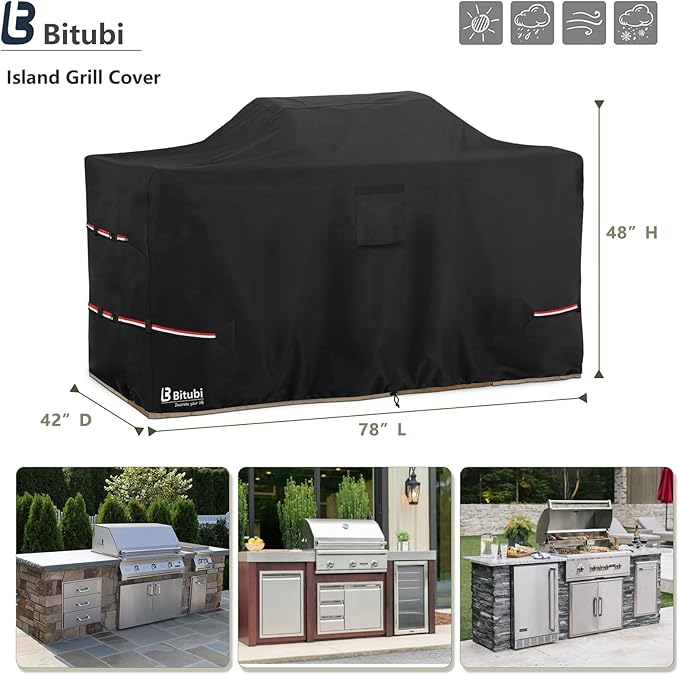 Bitubi 78 Inch Island Grill Cover - 600D Heavy Duty Waterproof All Weather Protection Extra Large Grill Cover,Black