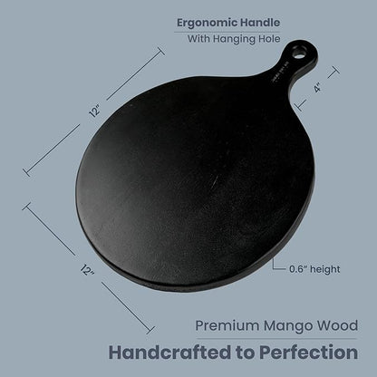 The Fine Living Co. Black Charcuterie Board, Round Paddle Board with Long Handle, Mango Wood Serving Platter for Meat, Pizza, Bread, Food-Grade Wooden Serving Trays, 16"x12", 0.6" Thick
