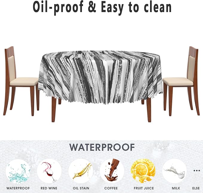 Abstract Striped Round Tablecloth 70 Inch Gray and White Old Texture Grunge Stripes Vintage Mosaic Dust-Proof Circle Table Cover Protector for Home Kitchen Restaurant Picnic Camping BBQ