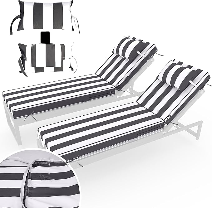 Chaise Lounge Cushions Outdoor Set of 2 Lounge Chair Cushion 72" L x 21" W with Headrest Straps 3'' Thick Waterproof Patio Chaise Cushions Pool Lounger Chair Cushion(Black Stripe)