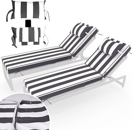Chaise Lounge Cushions Outdoor Set of 2 Lounge Chair Cushion 72" L x 21" W with Headrest Straps 3'' Thick Waterproof Patio Chaise Cushions Pool Lounger Chair Cushion(Black Stripe)
