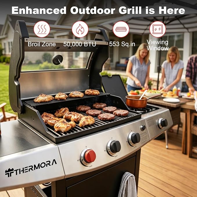 4 Burners Propane Gas Outdoor Grill 50,000 BTU, 553 Sq.in, Searing Burner, Side Burner, Porcelain-Enameled Grates BBQ Grill, Stainless Steel Propane Grill, Patio Garden Family Party Barbecues