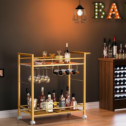 Joaxswe Bar Cart w/Wheels,Home Bar Serving Cart w/Storage Shelves,Gold | 2 Tier Rolling Beverage Cart,Modern Wine Cart w/ Wine Rack and Glass Holder for Kitchen, Living Room,Dinning Room