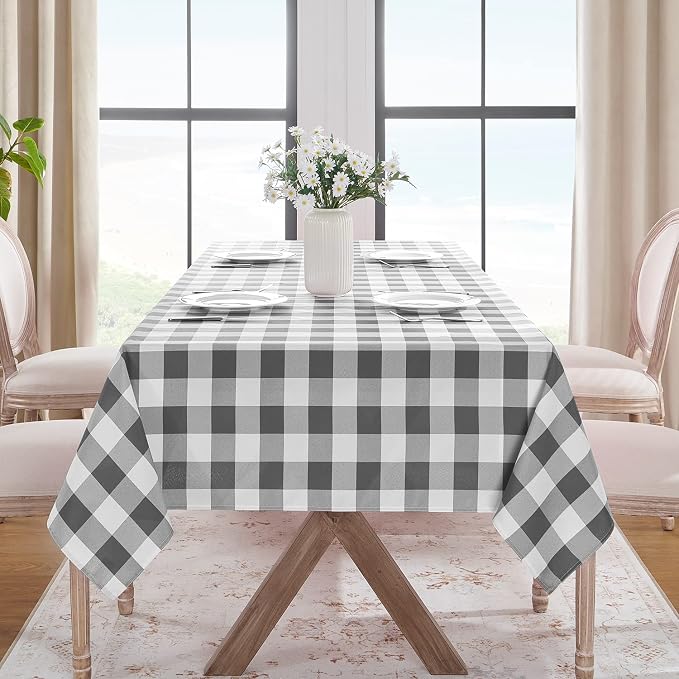 Softalker Gingham Checkered Tablecloth Rectangle - Outdoor Waterproof Buffalo Plaid Table Cloth, Stain Resistant Washable Table Cover for Picnic, Camping, Dining - Grey and White, 60 x 84 Inch