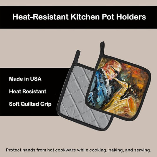 Caroline's Treasures JMK1277PTHD Jazz Sazophone Pair of Pot Holders Kitchen Heat Resistant Pot Holders Sets Oven Hot Pads for Cooking Baking BBQ, 7 1/2 x 7 1/2