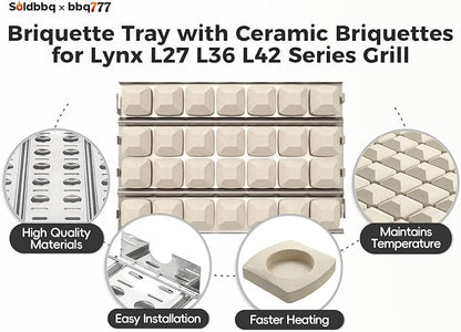 16 7/8" Briquette Tray with Ceramic Briquettes, 3 Pack Stainless Steel Heat Plate & 84 Pack Ceramic Briquette Replacement Parts for Lynx L27 L36 L30 L42 L54 LBQ48 LDR21 CS30 LBQ36 Gas Grill
