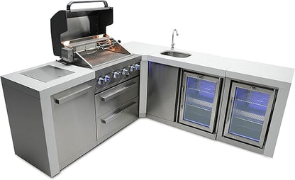 Mont Alpi Premium 82"W x 88"D Deluxe Stainless Steel Modular L-shaped Outdoor Kitchen Island with 2 Refrigerators + Beverage Center Faucet & Sink + 32"W 4-Burner BBQ Grill + Storage Cabinets & Drawers