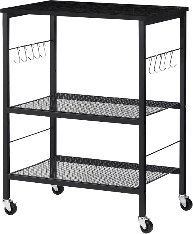 LIANTRAL Rolling Cart, 3-Tier Microwave Cart Kitchen Storage On Wheels | Black Utility Cart for Bar Coffee Large Side End Table Nightstand for Home Office