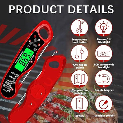 Meat Thermometer Digital，IP67 Waterproof Cooking Thermometer with Backlight, Calibration & Hold Function，Food Thermometer for Cooking,Outdoor Grilling