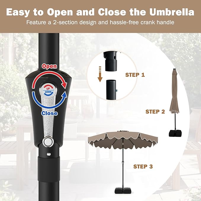 Tangkula 9 FT Patio Umbrella with Base Included, 2-Tiers Outdoor Scalloped Table Umbrella with 2 Sandbags, Tilt Adjustment, Crank, 8 Ribs for Market Backyard Pool Deck Beach Lawn