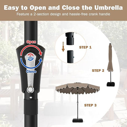 Tangkula 9 FT Patio Umbrella with Base Included, 2-Tiers Outdoor Scalloped Table Umbrella with 2 Sandbags, Tilt Adjustment, Crank, 8 Ribs for Market Backyard Pool Deck Beach Lawn