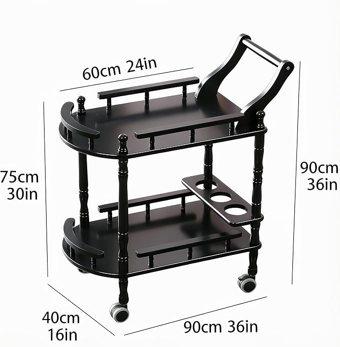 Entertainment Kitchen Cart, Midcentury Modern Imported rubberwood Black Finished Wood 2-Tier Mobile Bar Cart Serving Cart
