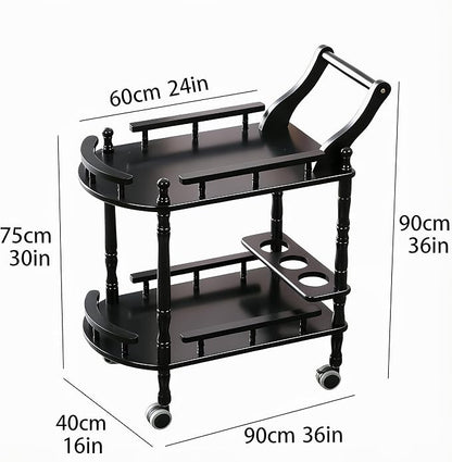 Entertainment Kitchen Cart, Midcentury Modern Imported rubberwood Black Finished Wood 2-Tier Mobile Bar Cart Serving Cart