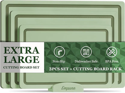 Empune 3-Piece Plastic Cutting Boards for Kitchen - Thick & Non-Slip Chopping Board Set with Juice Grooves, Dishwasher Safe, BPA Free, Includes Large & Small Sizes, Green