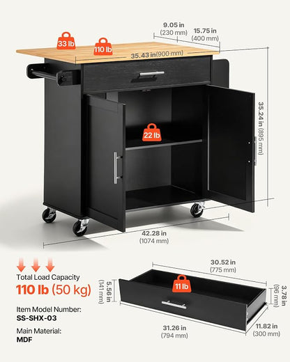 VEVOR Kitchen Island Cart with Storage, 42.28 in Wide Mobile Rolling Storage Island on Swivel Wheels, with Drawer, Storage Cabinet, Drop Leaf, Spice Rack, Table for Home Dining Room, Black