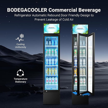 BODEGACOOLER Commercial Merchandiser Refrigerator, 5.7 Cu.Ft Single Swing Glass Door Beverage Cooler, Upright Display Refrigerator with Soft LED Light, Adjustable Shelves, Black