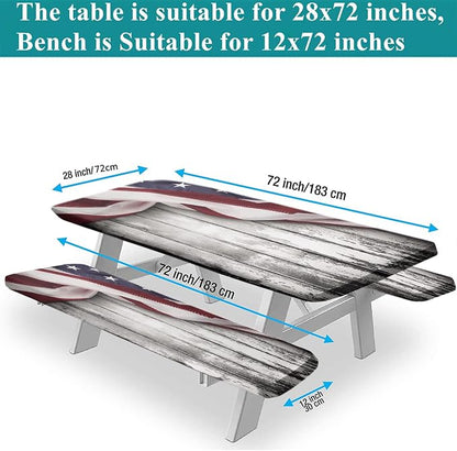 USA Flag Fitted Picnic Table Cover with Bench Covers, 3 Pieces Set, American Flag on Wooden Background Print Elastic Edged Rectangluar Table Cover, 28x72 Inch, Great for Picnic Party Outdoor Patio Use
