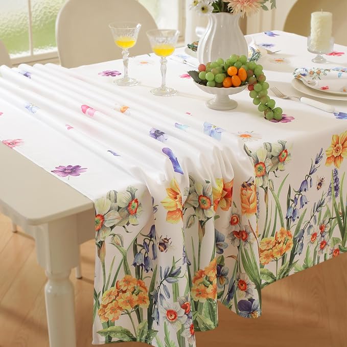 SASTYBALE Spring Summer Floral Tablecloth 52 x 70 Inch Rectangular, Wildflowers & Butterfly Pattern, Washable Wrinkle-Resistant Table Cover for Party, Picnic, Dinner & Home Decor