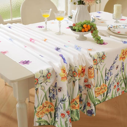 SASTYBALE Spring Summer Floral Tablecloth 52 x 70 Inch Rectangular, Wildflowers & Butterfly Pattern, Washable Wrinkle-Resistant Table Cover for Party, Picnic, Dinner & Home Decor