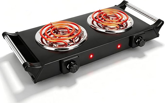 Electric Hot Plate, 2000W Countertop Double Burner with Adjustable Temperature & Handles, Stainless Steel Coil Electric Stove for Cooking Cooktop for Home Kitchen Dorm RV Camp, Black, Small