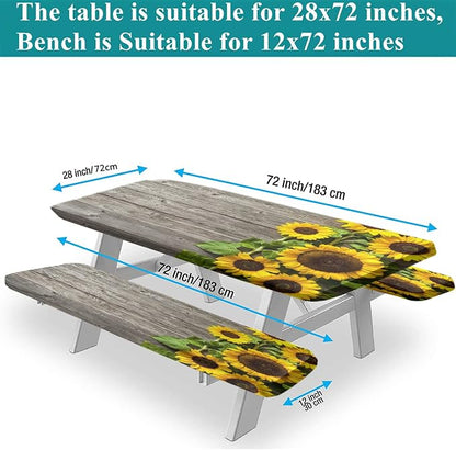 Yellow Sunflower Picnic Table Cover with Bench Covers, Vintage Wood Grain with Sunflower Print Elastic Polyester Backing Oblong Fitted Table Cloths, 72x28 In, for Outdoor/BBQ/Camping Use, 3 Pcs Set