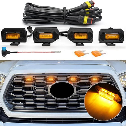 Upgraded Grill Lights 4PCS for Toyota Tacoma 2020-2023 TRD Off Road and TRD Sport OEM Grill, Tacoma Accessories Replacement LED Warning Lights with Fuse (Amber Light/Amber Lens)