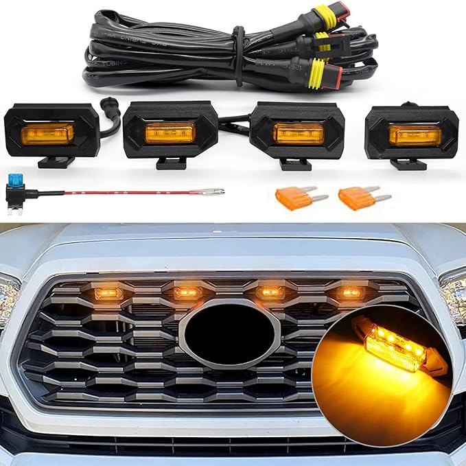 Upgraded Grill Lights 4PCS for Toyota Tacoma 2020-2023 TRD Off Road and TRD Sport OEM Grill, Tacoma Accessories Replacement LED Warning Lights with Fuse (Amber Light/Amber Lens)