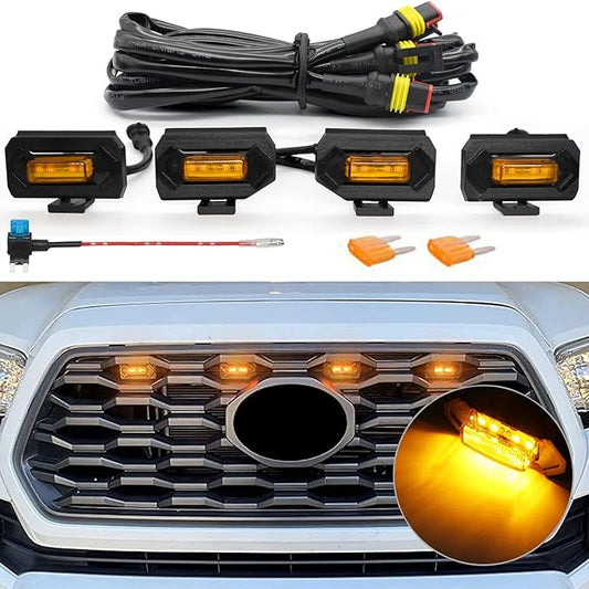 Upgraded Grill Lights 4PCS for Toyota Tacoma 2020-2023 TRD Off Road and TRD Sport OEM Grill, Tacoma Accessories Replacement LED Warning Lights with Fuse (Amber Light/Amber Lens)