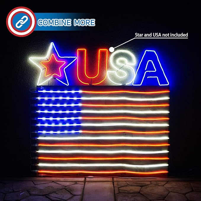 Russell Decor Patriotic USA Flag Neon Sign Lights for Wall Decor Stars and Stripes Red White Blue (5 ft x 3 ft)