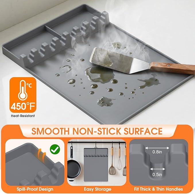 Silicone Grill Mats Compatible with Blackstone, Spatula Tools Mat with Drip Pad, Griddle Mats BBQ Grill Accessories, Side Shelf Pad for Kitchen Counter Outdoor Grill, Easy-to-Clean, Grey