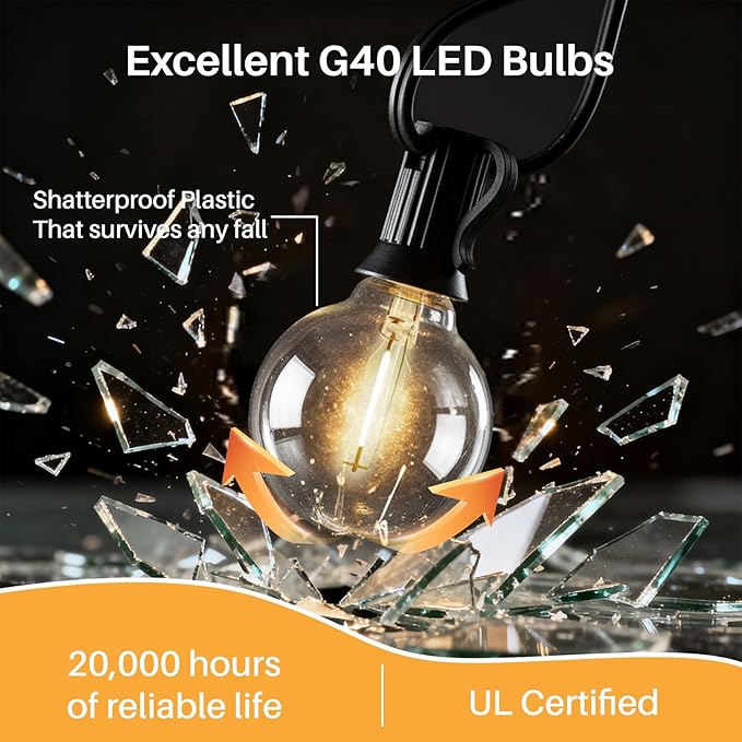 25 FT Outdoor String Lights G40 Globe Shatterproof Patio Lights,13 Plastic Edison Bulbs(1 Spare) IP65 Waterproof Dimmable LED Bulbs for Backyard Porch Balcony Party Decor, E12 Base, 2700K