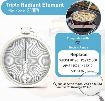 Upgraded Range 12" Triple Haliant Surface Element Replacement for GE Stove, WB30T10107 12 inch Tripe Radiant Surface Element, 1050/1950/3000W Electric Glass Stove Top Replace PS2321560 AP4344521