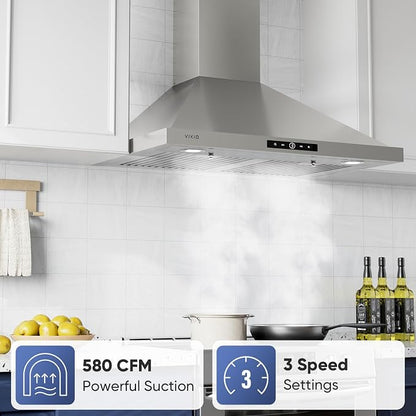 VIKIO HOME Wall Mount Range Hood 30 inch, 580 CFM, Stainless Steel Kitchen Vent Hood Ducted/Ductless Convertible, with 3-Speed Fan and LED Lights